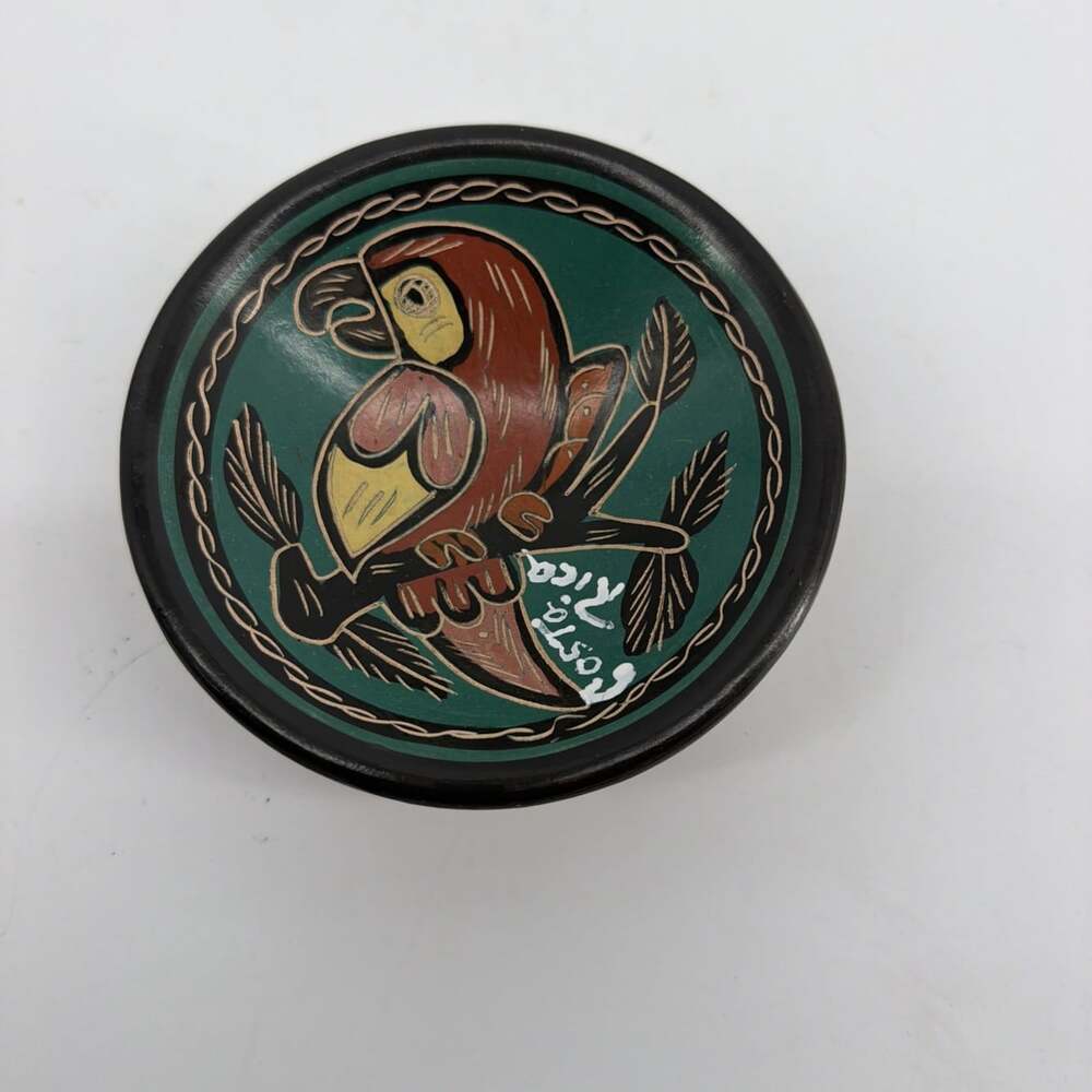 Vintage Parrot Pottery 5” Footed Bowl Signed Costa Rica Hand Painted Folk Art
